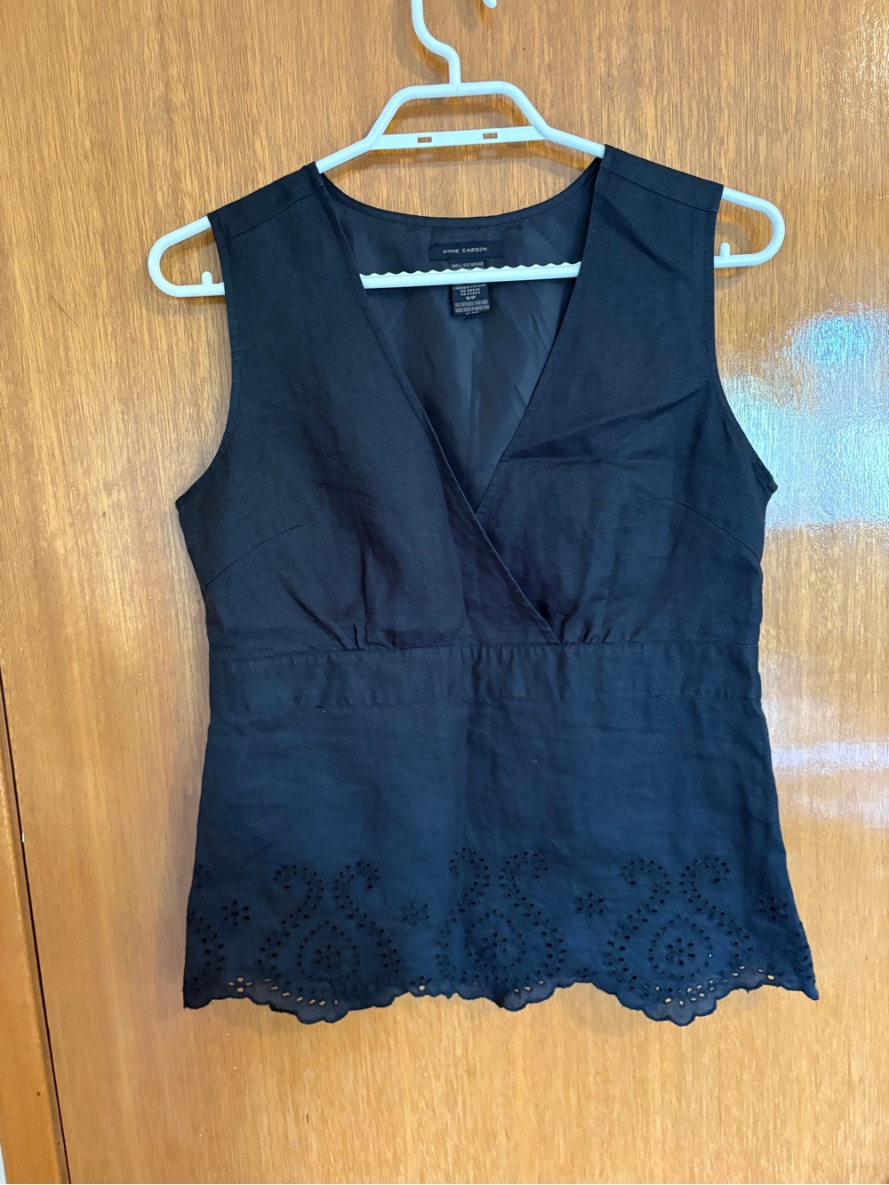 Anne Carson Black Sleeveless V-Neck Eyelet Hem Camisole
